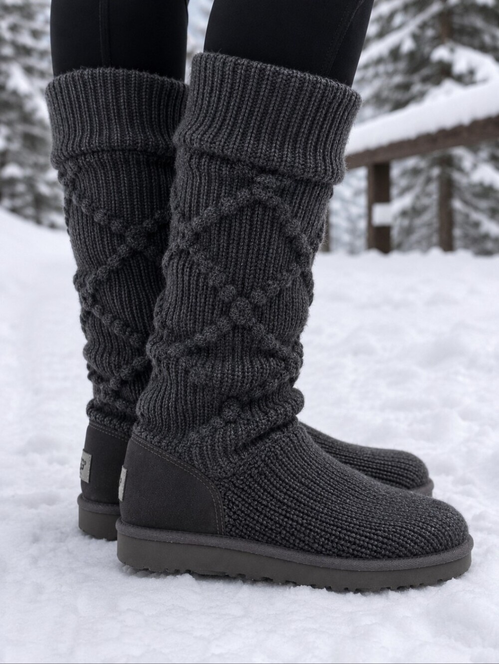 UGG Womens 10 Charcoal Cable Knit Tall Sheepskin Sweater Boots